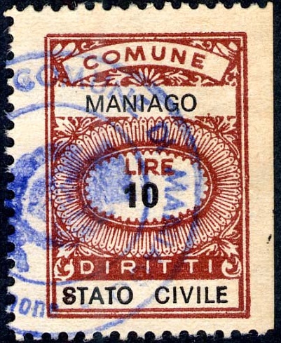 Marca da Bollo del Comune di MANIAGO su Carta Bianca di dimensioni 20 x 28 mm