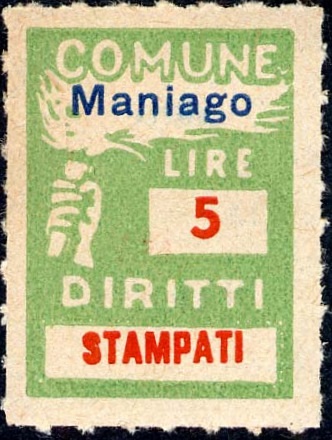Marca da Bollo del Comune di MANIAGO su Carta Bianca di dimensioni 18 x 25 mm