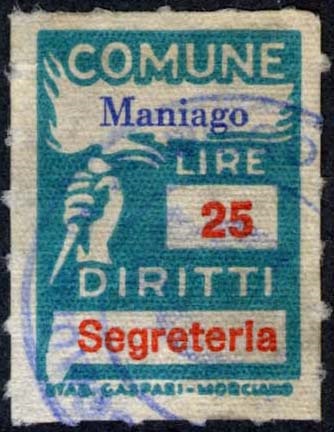 Marca da Bollo del Comune di MANIAGO su Carta Bianca Sottile di dimensioni 18,5 x 26 mm