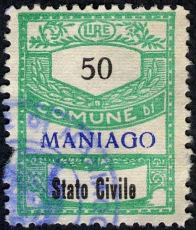 Marca da Bollo del Comune di MANIAGO su Carta Bianca di dimensioni 21,5 x 28 mm