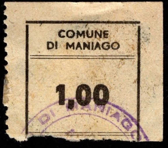 Marca da Bollo del Comune di MANIAGO su Carta Bianca di dimensioni 21,5 x 28 mm