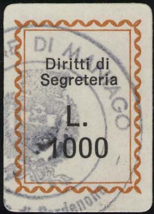 Marca da Bollo del Comune di MANIAGO su Carta Bianca di dimensioni 16,5 x 22,5 mm