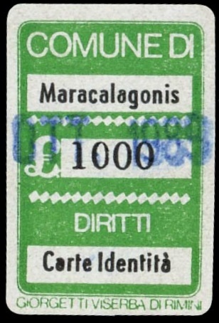 Marca da Bollo del Comune di MARACALAGONIS su Carta Bianca di dimensioni 18,5 x 26 mm