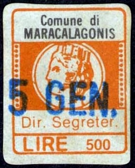 Marca da Bollo del Comune di MARACALAGONIS su Carta Bianca di dimensioni 16 x 20 mm