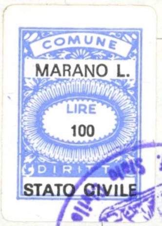 Marca da Bollo del Comune di MARANO LAGUNARE su Carta Bianca di dimensioni 12 x 23,5 mm
