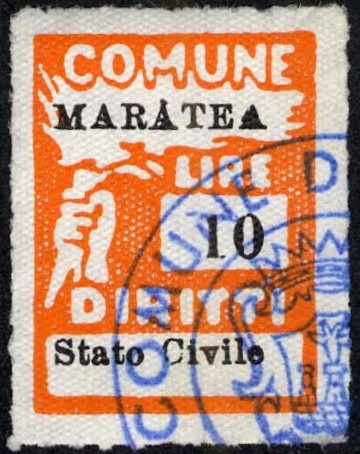Marca da Bollo del Comune di MARATEA su Carta Bianca di dimensioni 17,5 x 24 mm