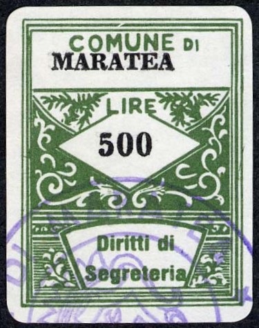 Marca da Bollo del Comune di MARATEA su Carta Bianca di dimensioni 21,5 x 28 mm
