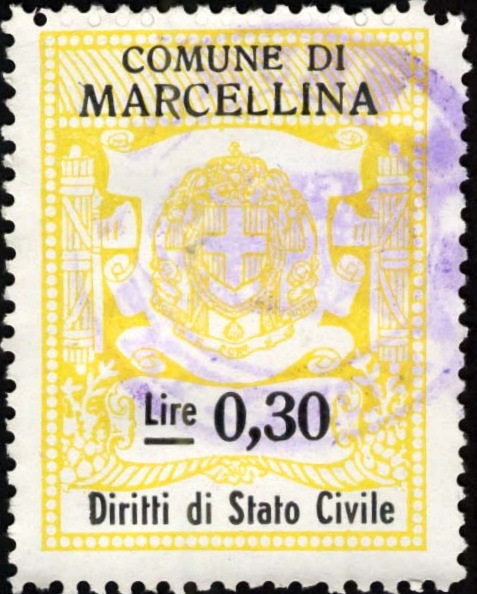 Marca da Bollo del Comune di MARCELLINA su Carta Bianca di dimensioni 22,5 x 29 mm