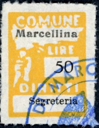 Marca da Bollo del Comune di MARCELLINA su Carta Bianca Sittile di dimensioni 17 x 24 mm