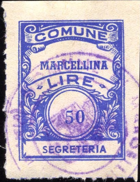 Marca da Bollo del Comune di MARCELLINA su Carta Bianca di dimensioni 22,5 x 29 mm