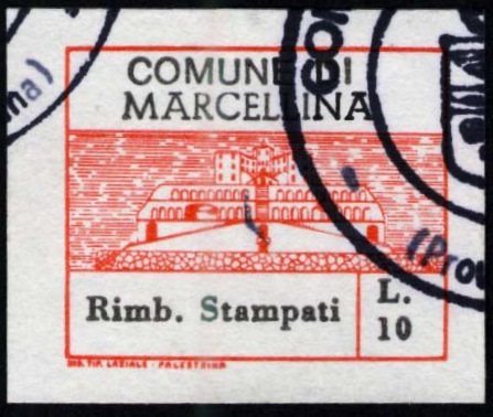 Marca da Bollo del Comune di MARCELLINA su Carta Bianca di dimensioni 23,5 x 20 mm