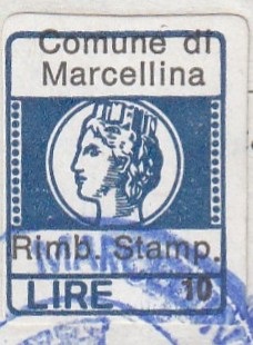 Marca da Bollo del Comune di MARCELLINA su Carta Bianca di dimensioni 15,5 x 20 mm