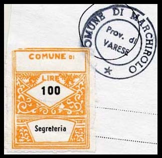 Marca da Bollo del Comune di MARCHIROLO su Carta Bianca Sottile di dimensioni 22,5 x 29 mm