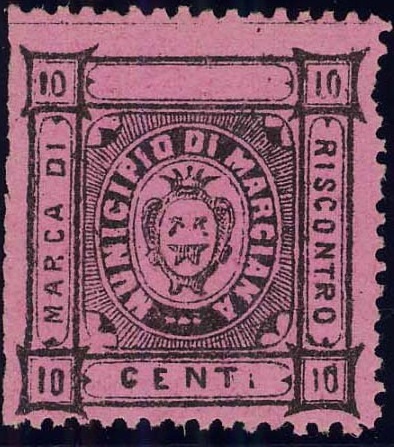 Marca da Bollo del Comune di MARCIANA su Carta Colorata di dimensioni 24 x 26 mm