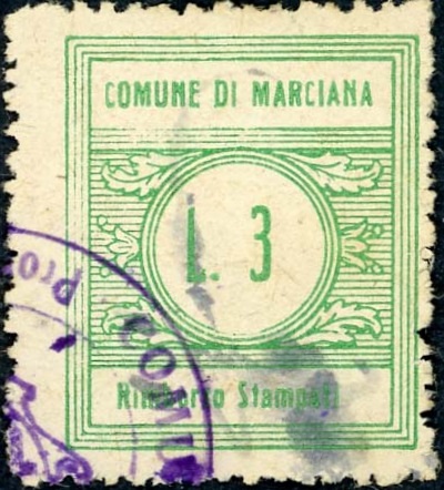 Marca da Bollo del Comune di MARCIANA su Carta Bianca di dimensioni 22 x 25 mm