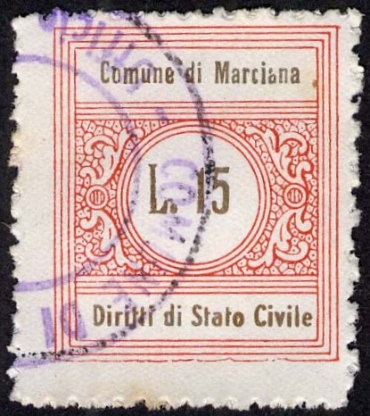 Marca da Bollo del Comune di MARCIANA su Carta Bianca di dimensioni 22 x 26 mm