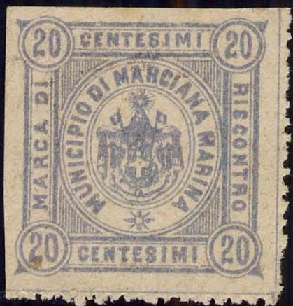 Marca da Bollo del Comune di MARCIANA MARINA su Carta Bianca di dimensioni 25 x 25 mm