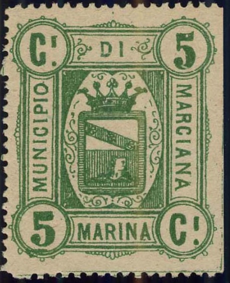 Marca da Bollo del Comune di MARCIANA MARINA su Carta Bianca di dimensioni 28,5 x 33 mm