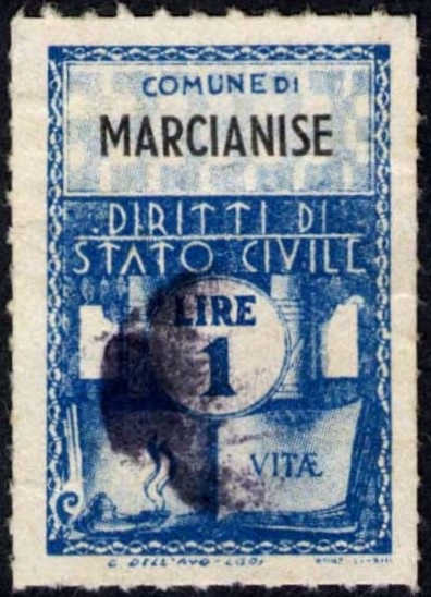 Marca da Bollo del Comune di MARCIANISE su Carta Bianca Sottile di dimensioni 21 x 33 mm