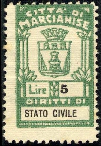 Marca da Bollo del Comune di MARCIANISE su Carta Bianca Sittile di dimensioni 18 x 29 mm