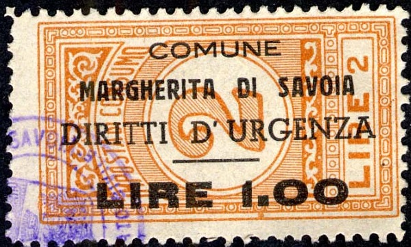 Marca da Bollo del Comune di MARGHERITA DI SAVOIA su Carta Bianca Sottile di dimensioni mm