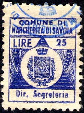Marca da Bollo del Comune di MARGHERITA DI SAVOIA su Carta Bianca di dimensioni mm