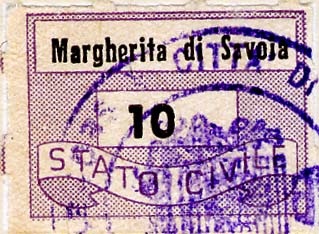 Marca da Bollo del Comune di MARGHERITA DI SAVOIA su Carta Bianca di dimensioni 19,5 x 14,5 mm