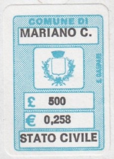 Marca da Bollo del Comune di MARIANO COMENSE su Carta Bianca di dimensioni 18 x 27 mm
