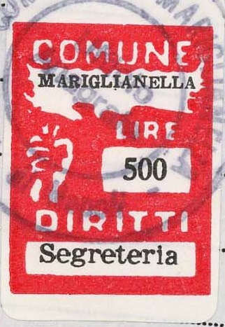 Marca da Bollo del Comune di MARIGLIANELLA su Carta Bianca di dimensioni 13 x 17,5 mm