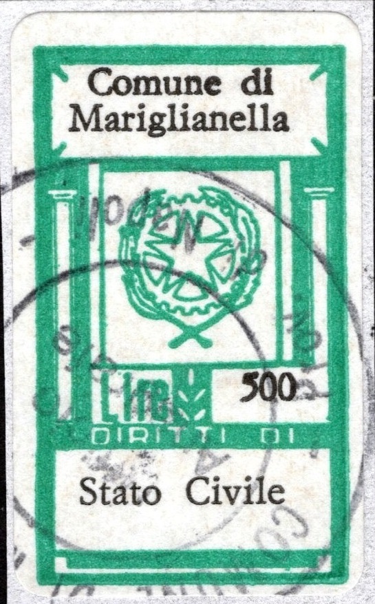Marca da Bollo del Comune di MARIGLIANELLA su Carta Bianca di dimensioni 13 x 22 mm