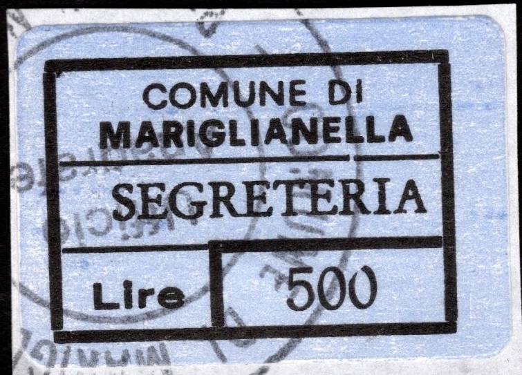 Marca da Bollo del Comune di MARIGLIANELLA su Carta Colorata di dimensioni 23 x 13 mm