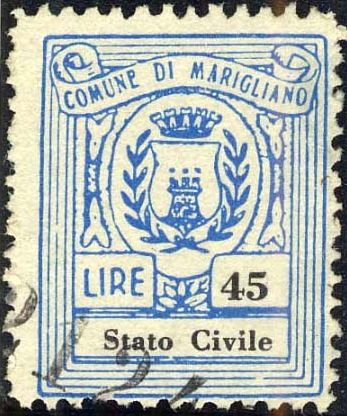 Marca da Bollo del Comune di MARIGLIANO su Carta Bianca Sittile di dimensioni 20 x 26 mm