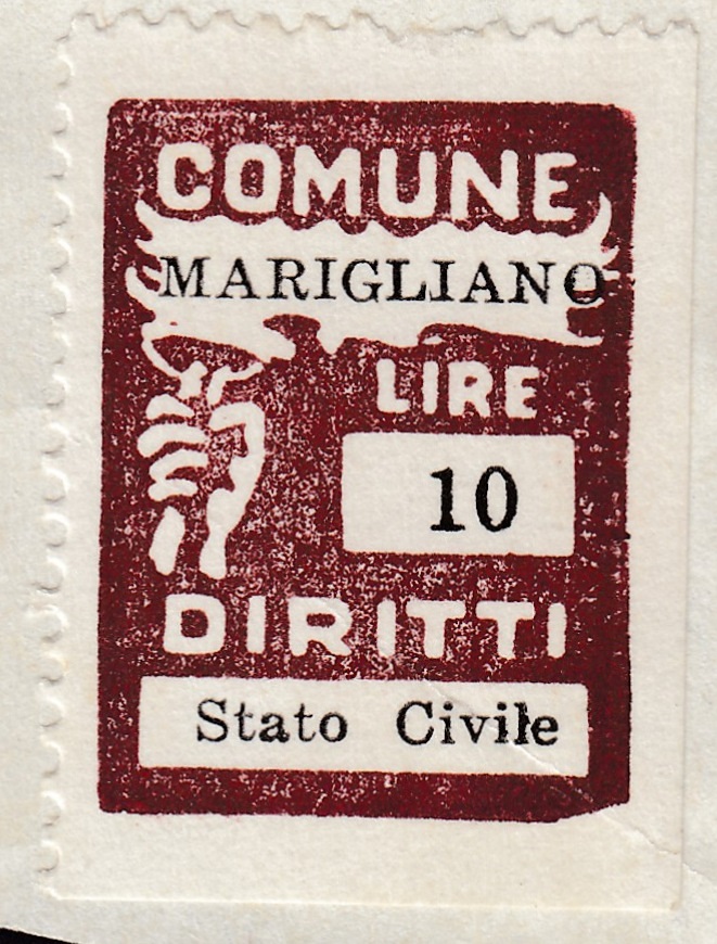 Marca da Bollo del Comune di MARIGLIANO su Carta Bianca di dimensioni 20,5 x 27 mm