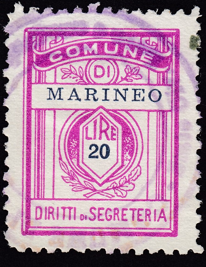 Marca da Bollo del Comune di MARINEO su Carta Bianca di dimensioni 21 x 23,5 mm