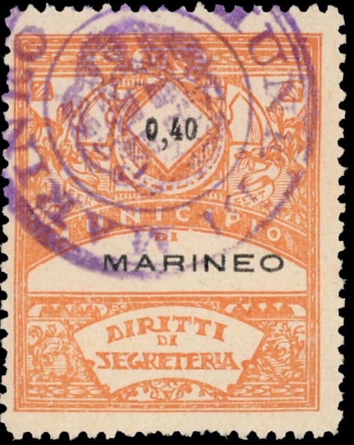 Marca da Bollo del Comune di MARINEO su Carta Bianca di dimensioni 22,5 x 29 mm