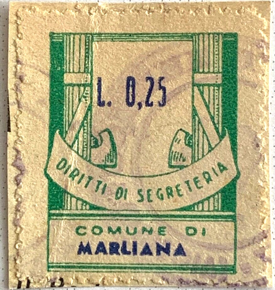 Marca da Bollo del Comune di MARLIANA su Carta Bianca di dimensioni 23 X 30 mm