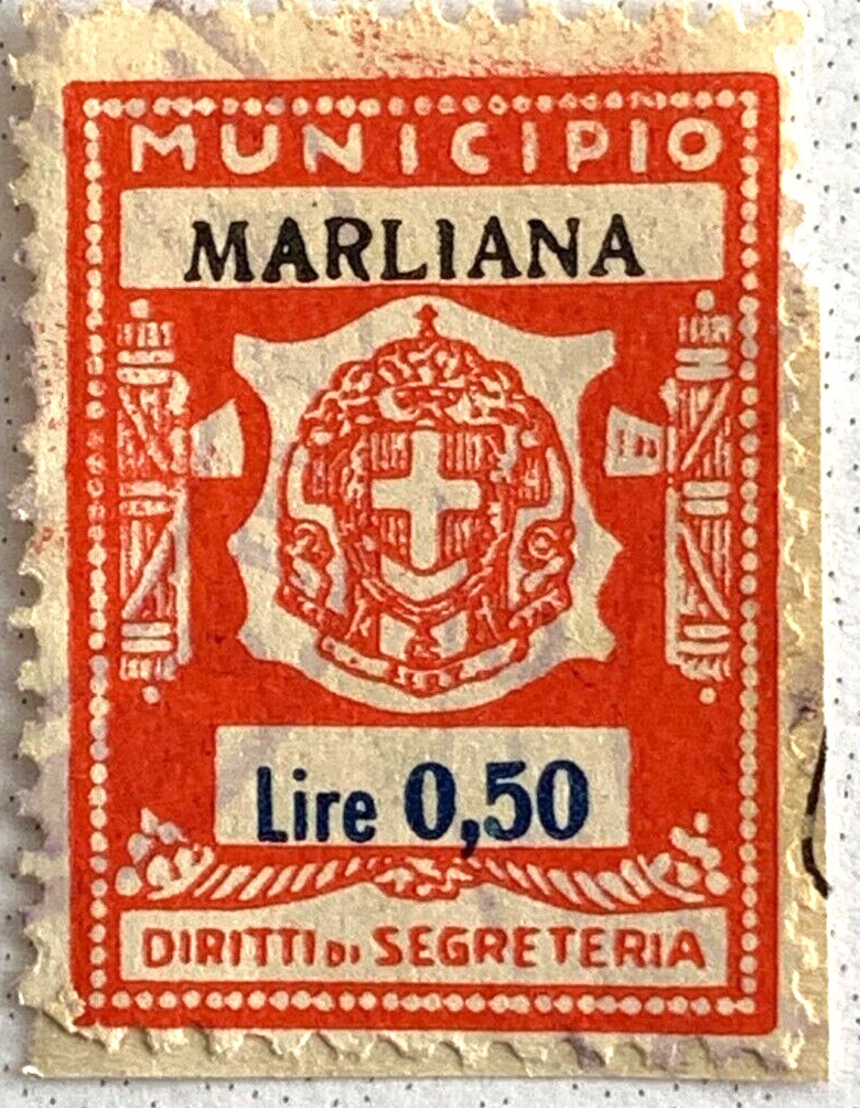 Marca da Bollo del Comune di MARLIANA su Carta Bianca di dimensioni 23 X 31 mm