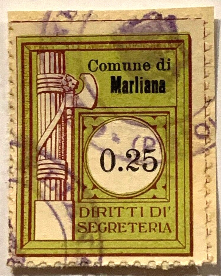 Marca da Bollo del Comune di MARLIANA su Carta Bianca di dimensioni 22 x 29 mm