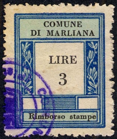 Marca da Bollo del Comune di MARLIANA su Carta Bianca di dimensioni 23 X 30 mm