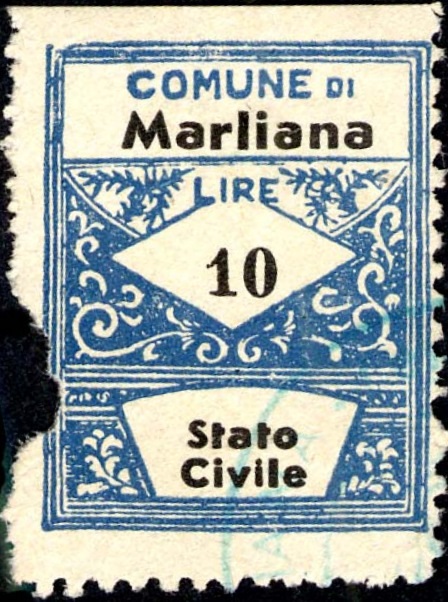 Marca da Bollo del Comune di MARLIANA su Carta Bianca di dimensioni 22 x 29 mm