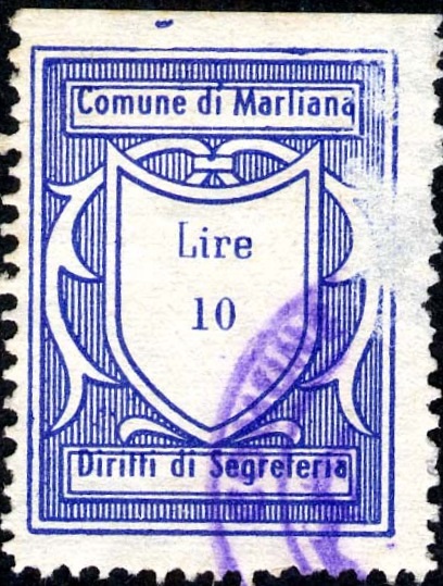 Marca da Bollo del Comune di MARLIANA su Carta Bianca di dimensioni 21,5 x 29 mm