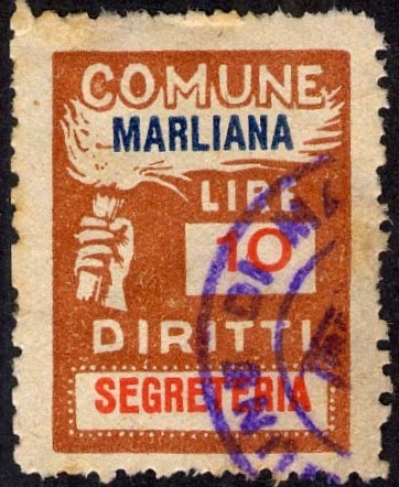 Marca da Bollo del Comune di MARLIANA su Carta Bianca di dimensioni 18,5 x 26 mm