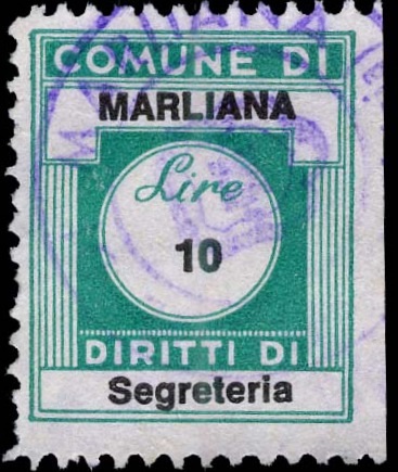 Marca da Bollo del Comune di MARLIANA su Carta Bianca Sittile di dimensioni 20,5 x 24,5 mm