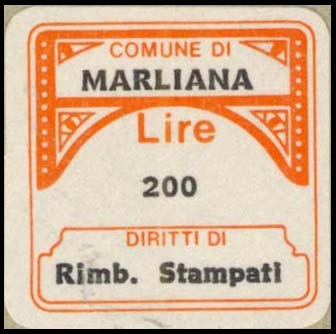 Marca da Bollo del Comune di MARLIANA su Carta Bianca di dimensioni 20 x 20,5 mm