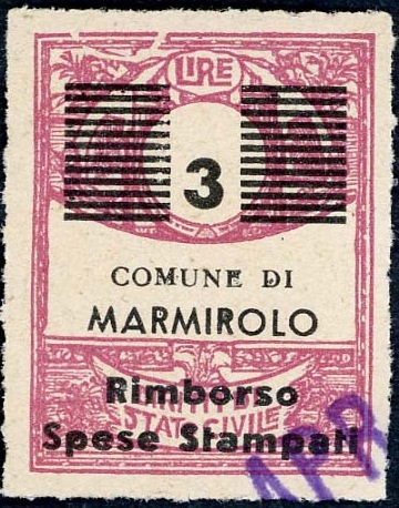 Marca da Bollo del Comune di MARMIROLO su Carta Bianca di dimensioni 21,5 x 28 mm
