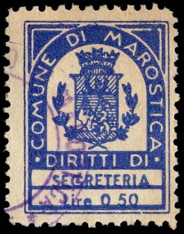 Marca da Bollo del Comune di MAROSTICA su Carta Bianca Sittile di dimensioni 20 x 26 mm