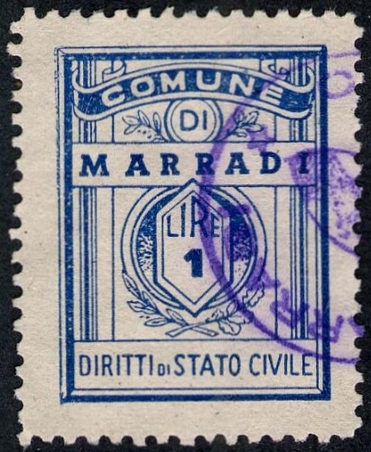 Marca da Bollo del Comune di MARRADI su Carta Bianca di dimensioni 21,5 x 28,5 mm