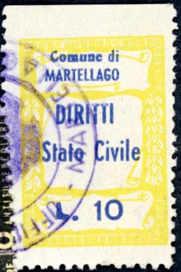 Marca da Bollo del Comune di MARTELLAGO su Carta Avana di dimensioni 18,5 x 30 mm