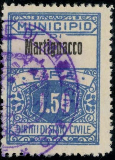 Marca da Bollo del Comune di MARTIGNACCO su Carta Bianca di dimensioni 22,5 x 32 mm