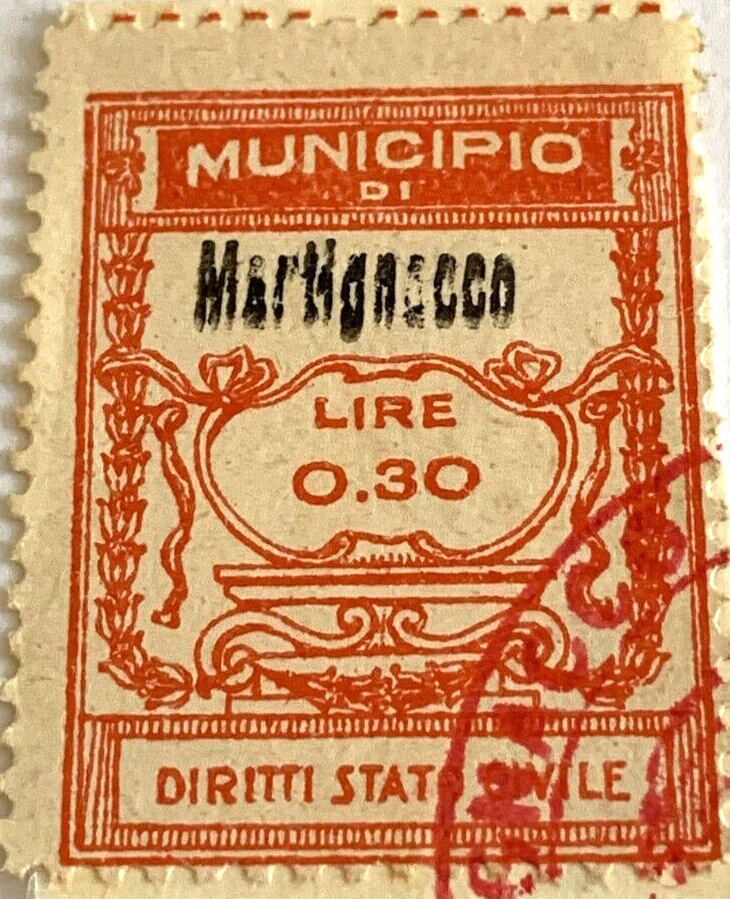 Marca da Bollo del Comune di MARTIGNACCO su Carta Bianca di dimensioni 21 x 29 mm